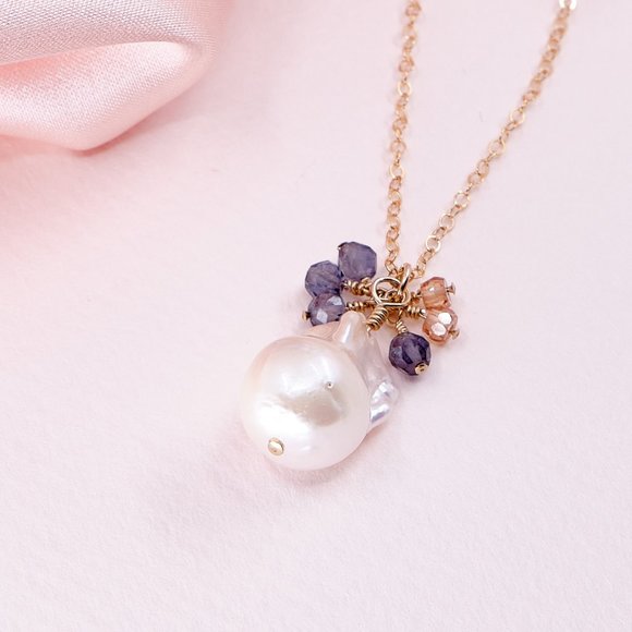 Baroque Pearl Pendant Necklace with Iolite Zircon Cluster, 14K Gold Filled - Picture 1 of 11